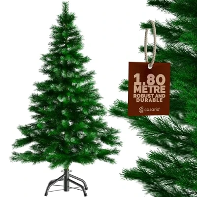 Image of CASARIA® Green Artificial Fir Christmas Tree With Black Metal Base 6ft Xmas Stand PVC Plastic, Fire Retardant Quick &amp; Easy Assembly 180cm /