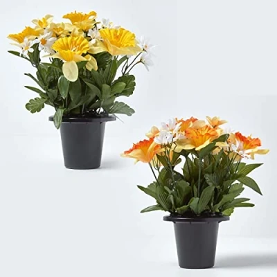 Image of HOMESCAPES Set of 2 Artificial Grave Vases Orange Yellow &amp; White Daisy Narcissus Daffodils Flowers in Vase/Grave Pot, 30cm