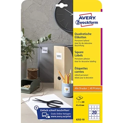 Image of AVERY Zweckform 6252 10 Square Labels (200 Adhesive Labels, 45 x mm on A4, QR Code Stickers for Printing, Self Adhesive, Permanent Labels) Sheets, White