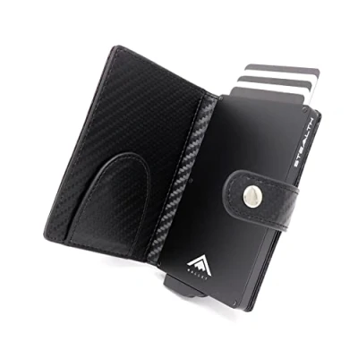 Image of Stealth Wallet RFID Card Holder Smart Minimalist Pop Up Wallets with Gift Box Slim Lightweight Metal Credit Holders for Men (Silver Aluminium, Black Carbon Leather, Money Clip