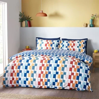 Image of Catherine Lansfield Bryson Geo Reversible Double Duvet Cover Set with Pillowcases Bright