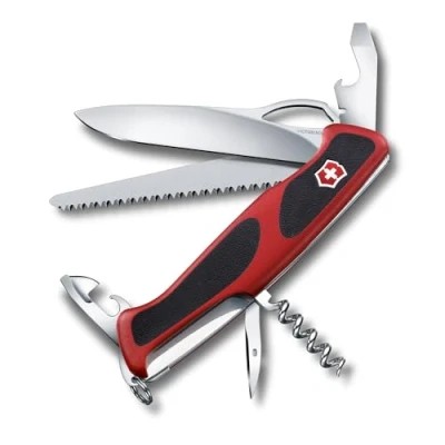 Image of Victorinox Ranger Grip 79 Swiss Army Knife Large, Multi Tool, 12 Functions, Locking Blade, One Hand, Red/Black