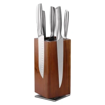Image of Magnetic Knife Block Without Knives, 360Rotatable Wooden Kitchen Block, Acacia Wood Holder Storage Stand, Extra Strong Rack with Bristles, 24.6 x 11 cm (Brown)