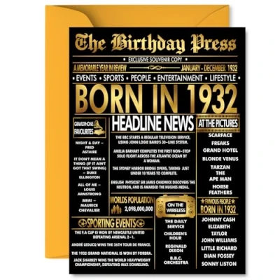Image of Gold 93rd Birthday Card for Men Women Black &amp; Golden Newspaper Born in 1932 Happy 93 Cards Wife Auntie Nanny Uncle Grandma Husband, 5x7 Inch Bday Greeting