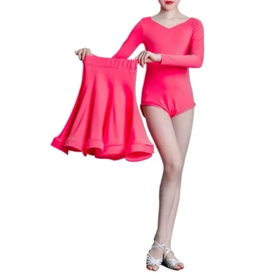 Image of Two Piece Girls Latin Dance Skirt with Leotard, Children&#039;s Ballroom Salsa Tango Skirts, Competition Dancewear for Samba Chacha Dancing Practice Skirt,10Years,Pink