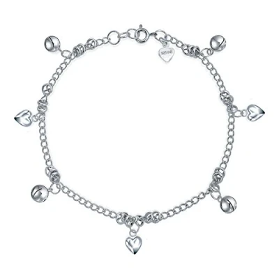 Image of Multi Jingle Bells and Hearts Dangle Charms Anklet Pattilu India Ankle Bracelet for Women Teens .925 Sterling Silver Adjustable 9 to 9.5 Inch with Extender