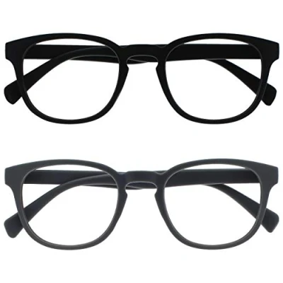 Image of OPULIZE Pop Reading Glasses 2 Pack Fun Round Matt Frame Black Grey Spring Hinges Scratch Resistant Mens Womens RR2 17 +3.00
