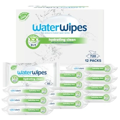 Image of WaterWipes Hydrating Clean Baby Wipes, 720 Wipes (12 Packs), with 99% Water &amp; Aloe Vera Extract, Wet for Face Body