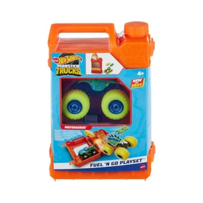 Image of Hot Wheels Monster Trucks 1:64 Scale Toy Truck Playset, Fuel N’ Go Gas Can Transforms Into Stunting Arena, With Motosaurus &amp; 2 Crushed Cars, HXT04