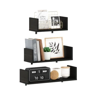 Image of Furinno Rossi Bedroom Decor Wall Mounted Floating Display Shelves with Invisible Brackets, Espresso, Set of 3
