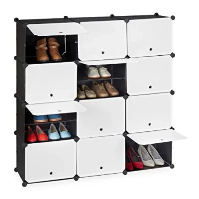 Image of Relaxdays Shoe Cabinet, Storage with Doors, HWD: 125x125x32 cm, 24 Compartments, Plastic Shelving System, Black&amp;White