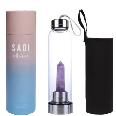 Image of SAOI Crystal Water Bottle Amethyst Natural Wellness Healing Glass/Stainless Steel