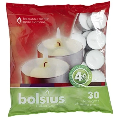 Image of Bolsius Tealight White, Pack of 30, Paraffin Wax, Bag 4x20.5x19.5 cm