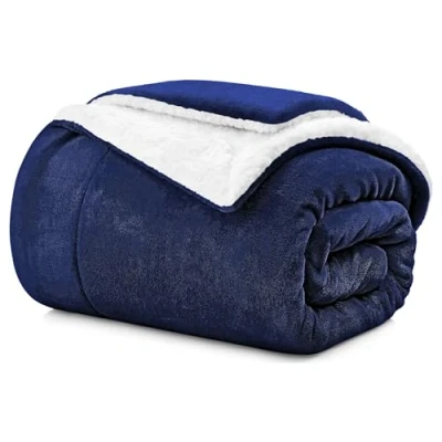 Image of Aspire Homeware Sherpa Fleece Blanket Navy Throws for Sofas Soft Fluffy Thick Bed Reversible Microfiber Sofa Throw (Single, (130 x 150 cm))
