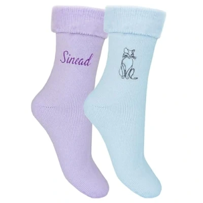 Image of Ladies Personalised Cat Thermal Bed Socks (2 Pack) (UK, Numeric, 4, 7, Regular, Pastel Blue &amp; Lilac)