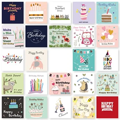 Image of Birthday Cards Multipack of 24. Each Card box includes 24 Mixed Happy Designs. Blank Inside. Assorted and Envelopes.