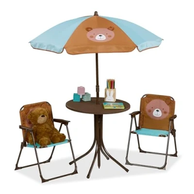Image of Relaxdays Children’s Camping Furniture Set with Parasol, Folding Chairs &amp; Table, Kids’ Garden Ensemble, Bear, Brown, Plastic, Polyester, Iron, 49.5 x cm