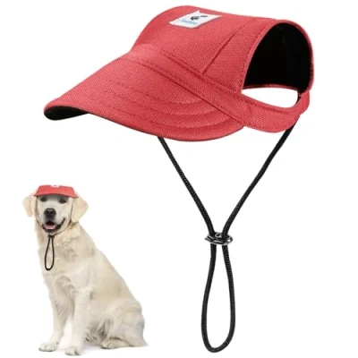 Image of Pawaboo Dog Baseball Cap, Adjustable Outdoor Sport Sun Protection Hat Cap Visor Sunbonnet Outfit with Ear Holes for Puppy Small Dogs, XL, Red