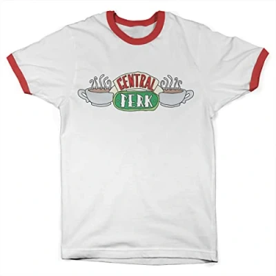 Image of FRIENDS Officially Licensed Central Perk Ringer Mens T Shirt (White Red), Small