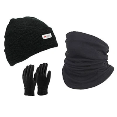 Image of Thinsulate Lined Black Beanie Hat Scarf Gloves Set 3M Thermal Winter Hat+Polar Fleece Neck Gaiter Unisex