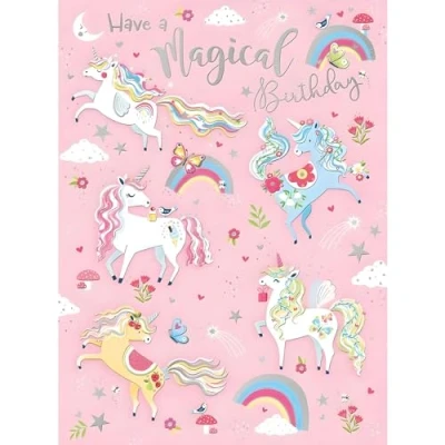 Image of Girls Birthday Card for Her Magical Unicorn and Rainbow Design Special Finishes Made in the UK Eco Friendly