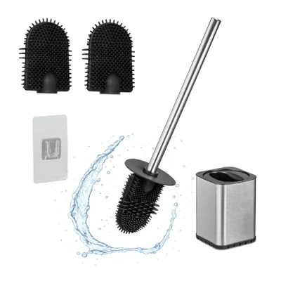 Image of Relaxdays Wall Mounted Toilet Brush, for Gluing, HBT: 40 x 9.5 10 cm, Flat, Antibacterial, Stainless Steel, TPR, Silver, 10% 85% 5% Plastic, 9,5 cm