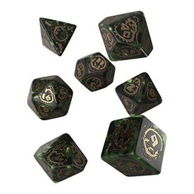 Image of Q WORKSHOP Dragon bottle green &amp; gold RPG Ornamented Dice Set 7 Polyhedral Pieces