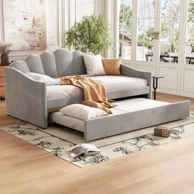 Image of Merax Upholstered Single Bed, 3FT Day 90x190cm Trundle DayBed Sofa Bed with (90x175cm), Pull Out for Adults &amp; Teenagers, Grey Velvet