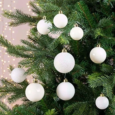 Image of Pack Of 30 Winter White Christmas Tree Baubles Shatterproof Decorations Glitter Shiny Mix Ornaments