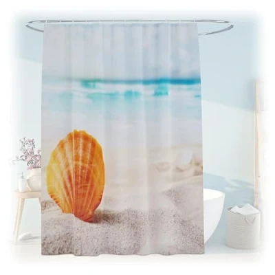 Image of Shower Curtain, Shell Design, 180 x 200 cm, Mould Resistant, Washable, 12 Rings, for Bathtub, Multicoloured Relaxdays