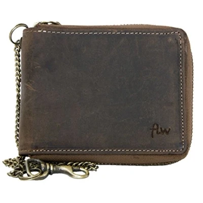 Image of FLW Men&#039;s Natural Strong Genuine Leather Wallet with Metal Zipper Around and a Chain