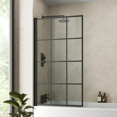 Image of Baystone® 1400 x 800mm Black Square Grid Over Bath Shower Screen Door 180 Pivot Bathroom Hinged Framed Screens 6mm Clear Toughened Safety Glass Panel