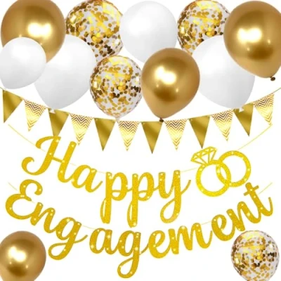 Image of Golden Happy Engagement Banner Party Decoration Triangle Flag Balloon Ring Supplies Suitable for Proposal and