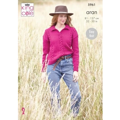Image of King Cole Aran Knitting Pattern Ladies Cable Knit Sweater &amp; Tank Top (5961)