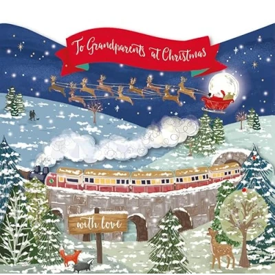 Image of Ling Design Christmas Card &#039;To Grandparents at Christmas&#039; Steam Train and Reindeer Stunning with Gold Foil Finish 3D Details