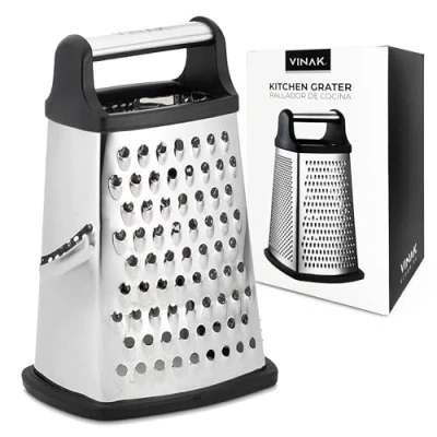 Image of VINAK Large 4 Sided Stainless Steel Kitchen Grater Wide + Long Fine Zester With Ergonomic Handle and Non Slip Rubber Base For Grating All Types of Food