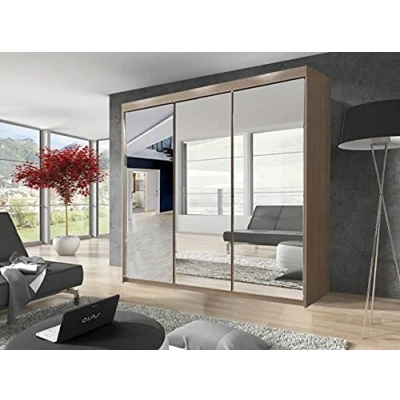 Image of Milan Modern 3 Mirrors Full Mirror sliding door wardrobe 250cm Width 216cm Height 62cm Depth (Oak/Sonoma)