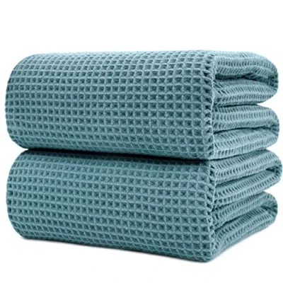 Image of POLYTE Microfibre Quick Dry Lint Free Bath Sheet, 89 x 178 cm, Set of 2 (Green, Waffle Weave)