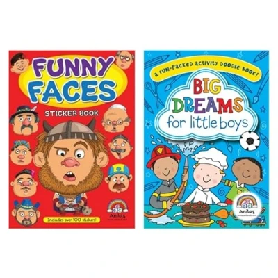 Image of Anilas Set of 2 Funny Faces Sticker Book &amp; Big Dreams for Little Boys Activity Book. Ideal Children Aged 3 8
