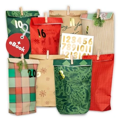 Image of AMARI ® Advent Calendar for Filling No. 19 Christmas Morning 24 Paper Bags (with Wooden Clips) Crafts