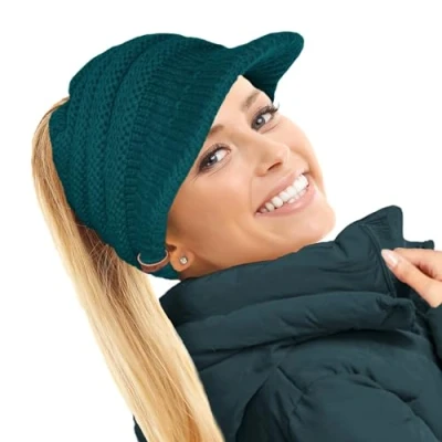 Image of TOSKATOK Ladies Slouchy Peaked Ponytail Messy Bun Knitted Beanie Hat Cap Teal