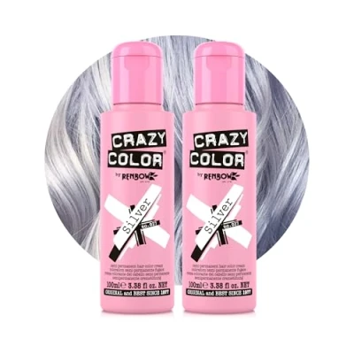 Image of Crazy Color Metallic Silver Semi Permanent Duo Hair Dye. Highly Pigmented Blonde Toner Conditioning &amp; Oil Nourishing Vegan Formula No Bleach or Ammonia 200ml