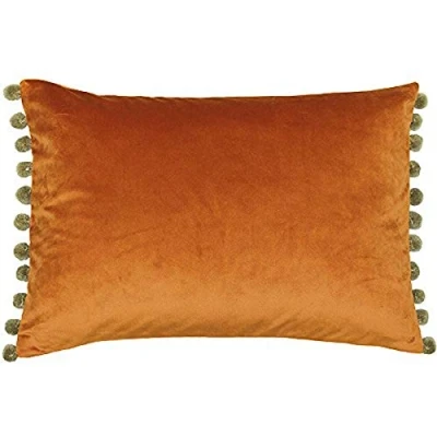 Image of Riva Paoletti Fiesta Rectangular Filled Cushion Orange Green Pompom Edges Faux Velvet Fabric Discreet Zip Closure 100 Case (14&quot; x 20&quot; inches), Polyester, Rust/Khaki, 35 50cm