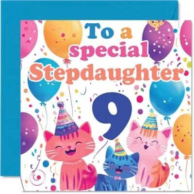 Image of 9th Step Daughter Birthday Card Cute Cats Special Happy for from Mum Dad, 145mm x Age 9 Nine Greeting Cards