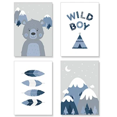 Image of PREMYO Wall Art Prints Nursery Decor Baby Room Decoration Boy Kids Poster Set Tipi Tent Feathers Blue Picture A4