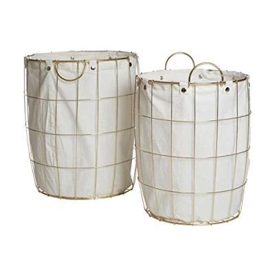Image of Premier Interiors Laundry Baskets Round Gold Wire Basket, Set of 2, Plated Iron Wire/Cotton Mix Liner