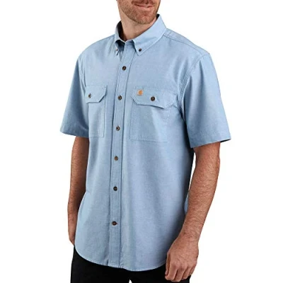 Image of Carhartt Men&#039;s Original Fit Short Sleeve Shirt Work Utility Button, Blue Chambray, Medium