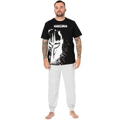 Image of Star Wars The Mandalorian Mens Pyjamas Adults Black Loungewear Pants &amp; T Shirt PJ Set Helmet Graphic Nightwear Bundle Short Sleeve Tee Long Leg Bottoms Sci fi Pajama Merchandise Gift for Him