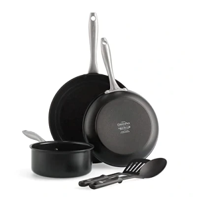 Image of GreenPan Lima Midnight Hard Anodized Healthy Ceramic Non Stick, 5 Piece Set, Includes Frying Pan, Saucepan, &amp; Nylon and Slotted Turner, PFAS Free, Induction Suitable, Oven Safe, Black