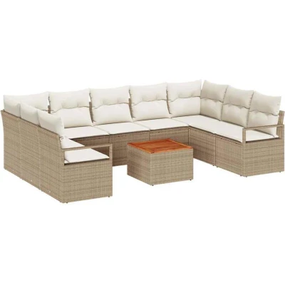 Image of vidaXL 10 Piece Garden Sofa Set with Cushions Beige Poly Rattan Acacia